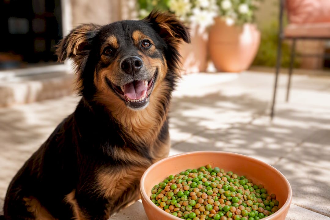 Smiling dog next to bowl of peas and lentils
