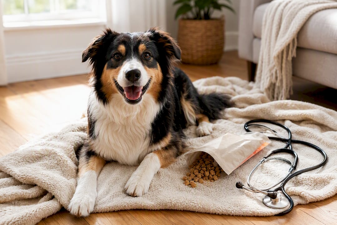 Happy dog with veterinary care items nearby