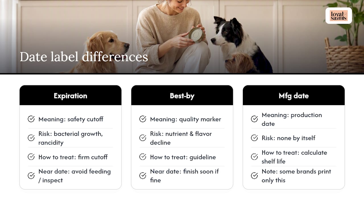 Diagram comparing dog food date types