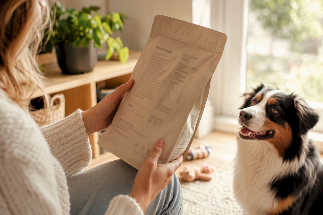 Pet owner inspecting dog food bag label