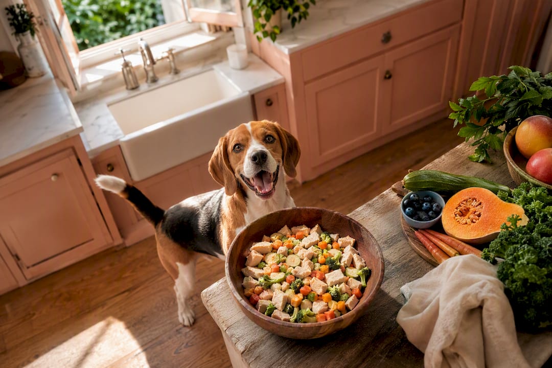 Happy beagle awaiting natural freeze-dried dog food