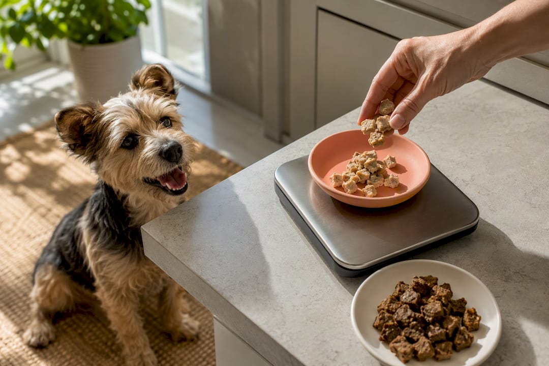 Dog food portions weighed on kitchen scale