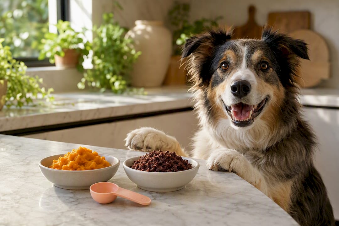 Happy dog beside pumpkin and beet pulp