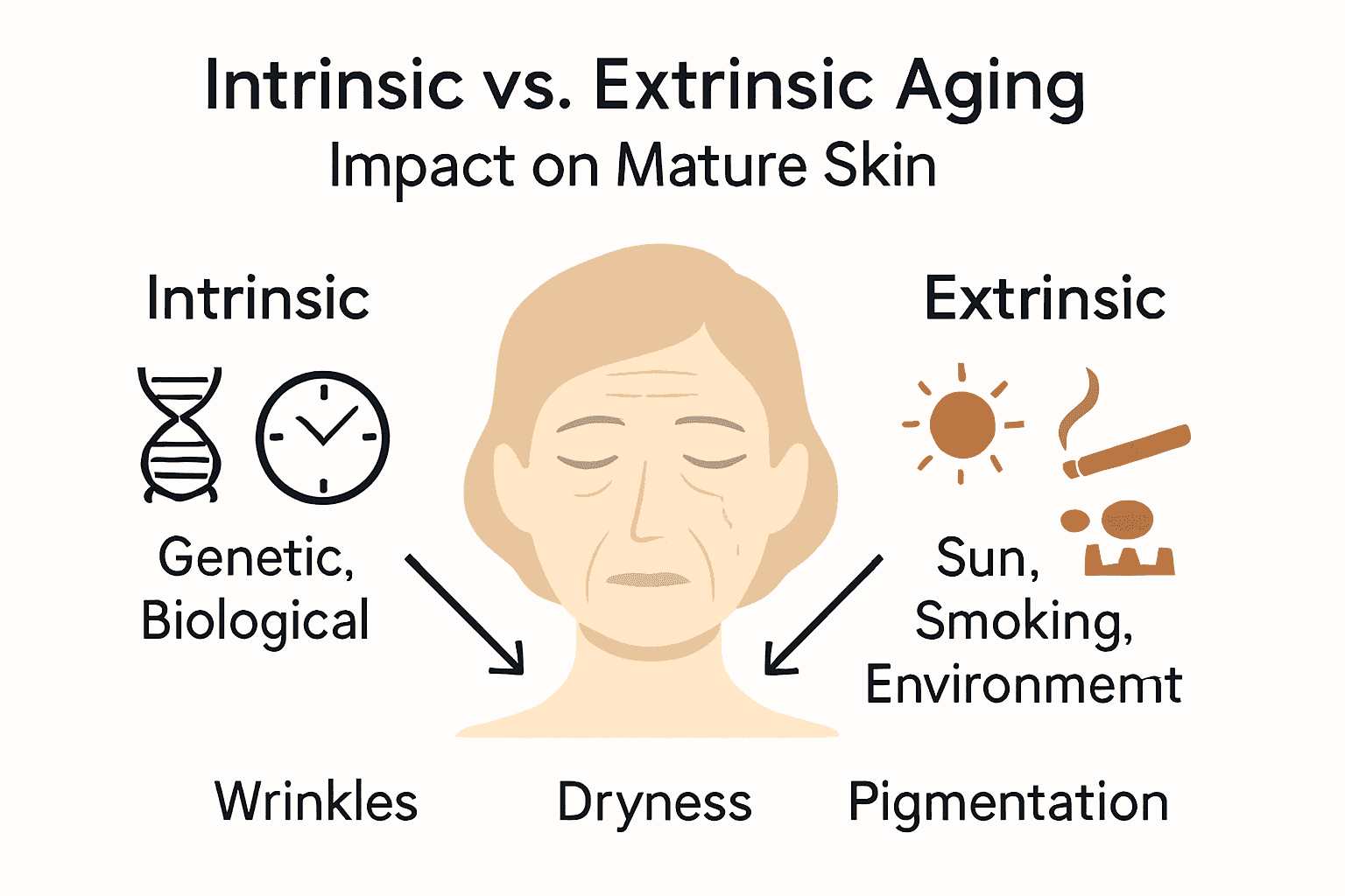 Infographic comparing intrinsic and extrinsic factors of mature skin aging.