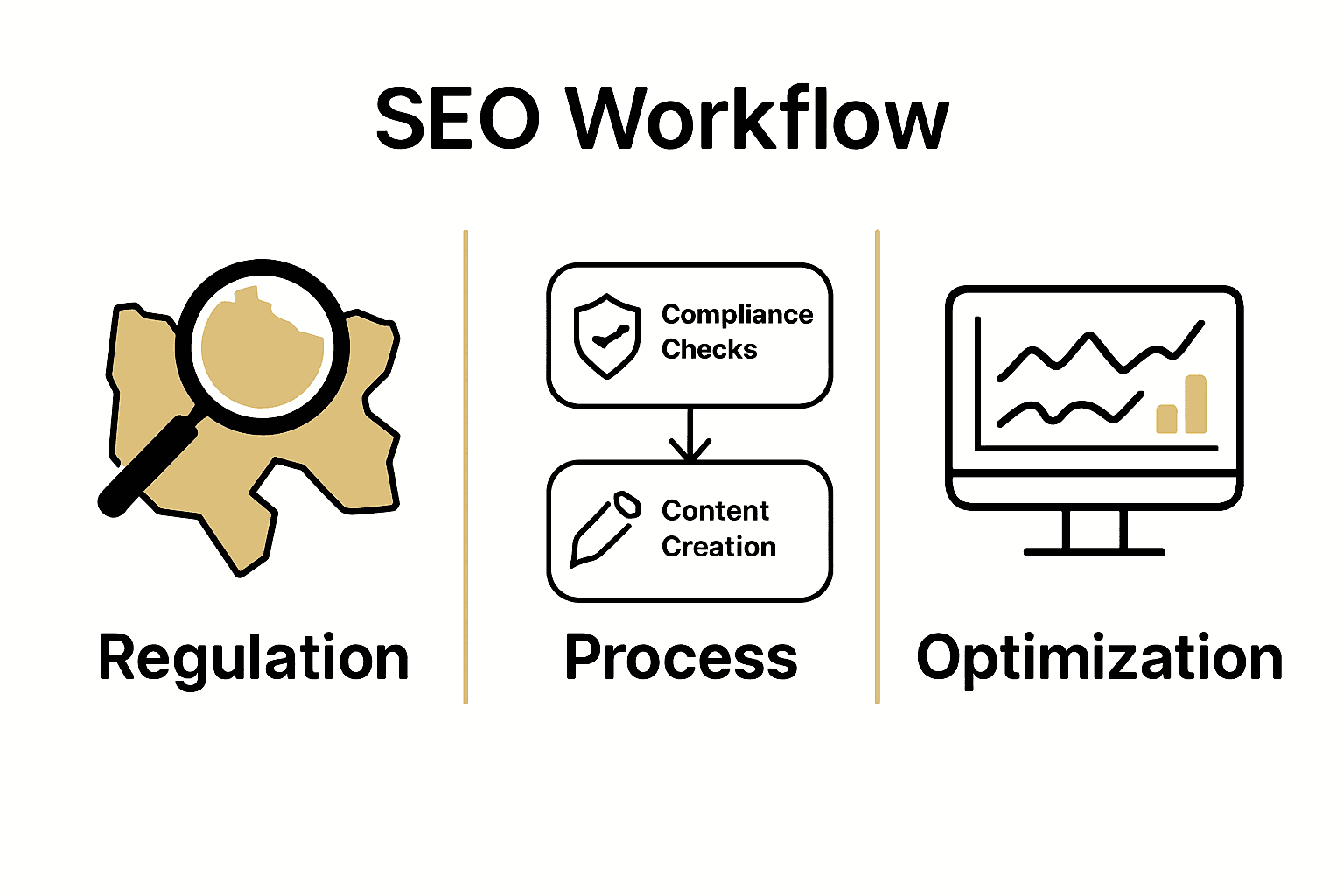Infographic showing iGaming SEO workflow: regulation research, compliance to content, and KPI analytics.
