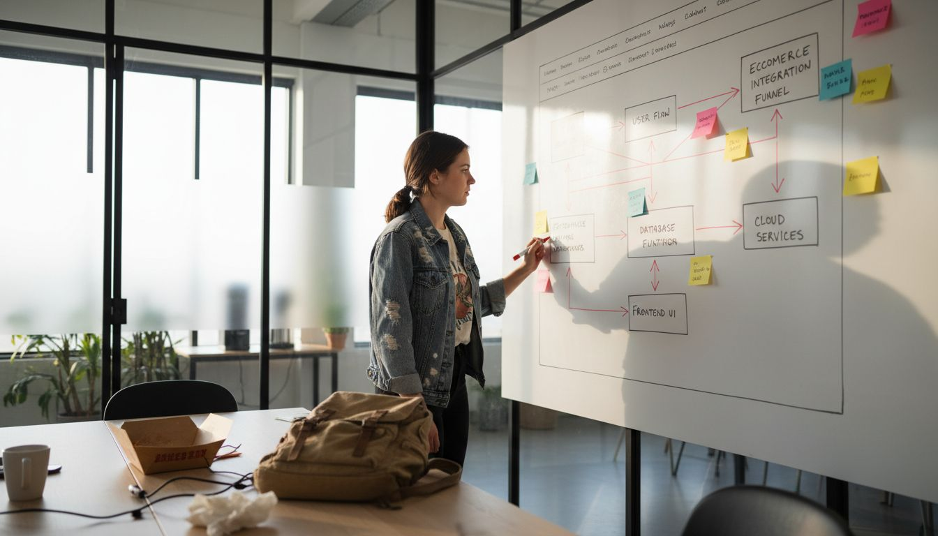 Woman planning website structure on whiteboard
