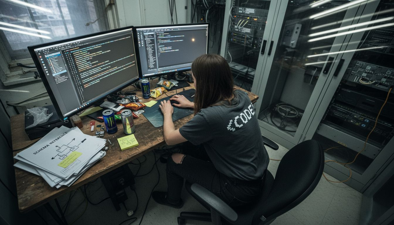 Developer reviewing schema markup at desk