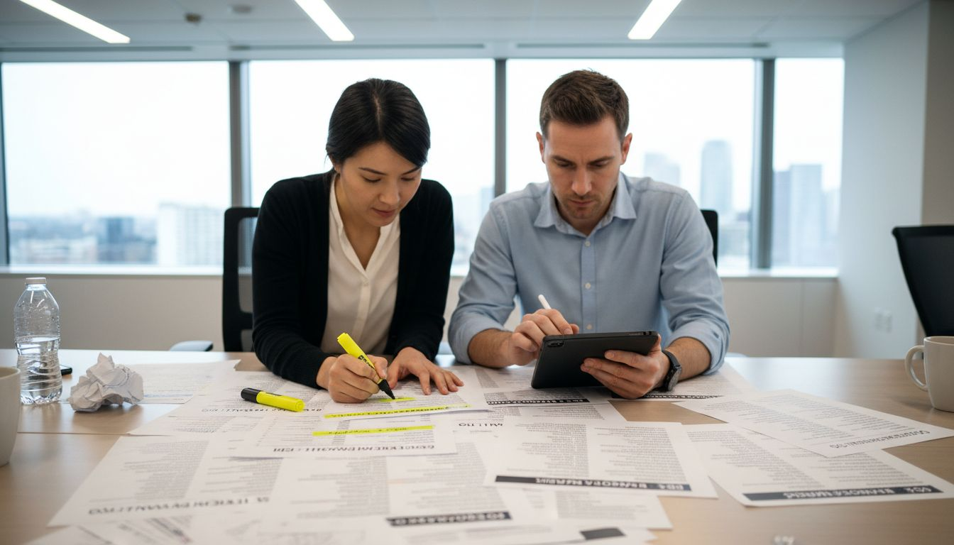 Team reviewing keyword audit documents together