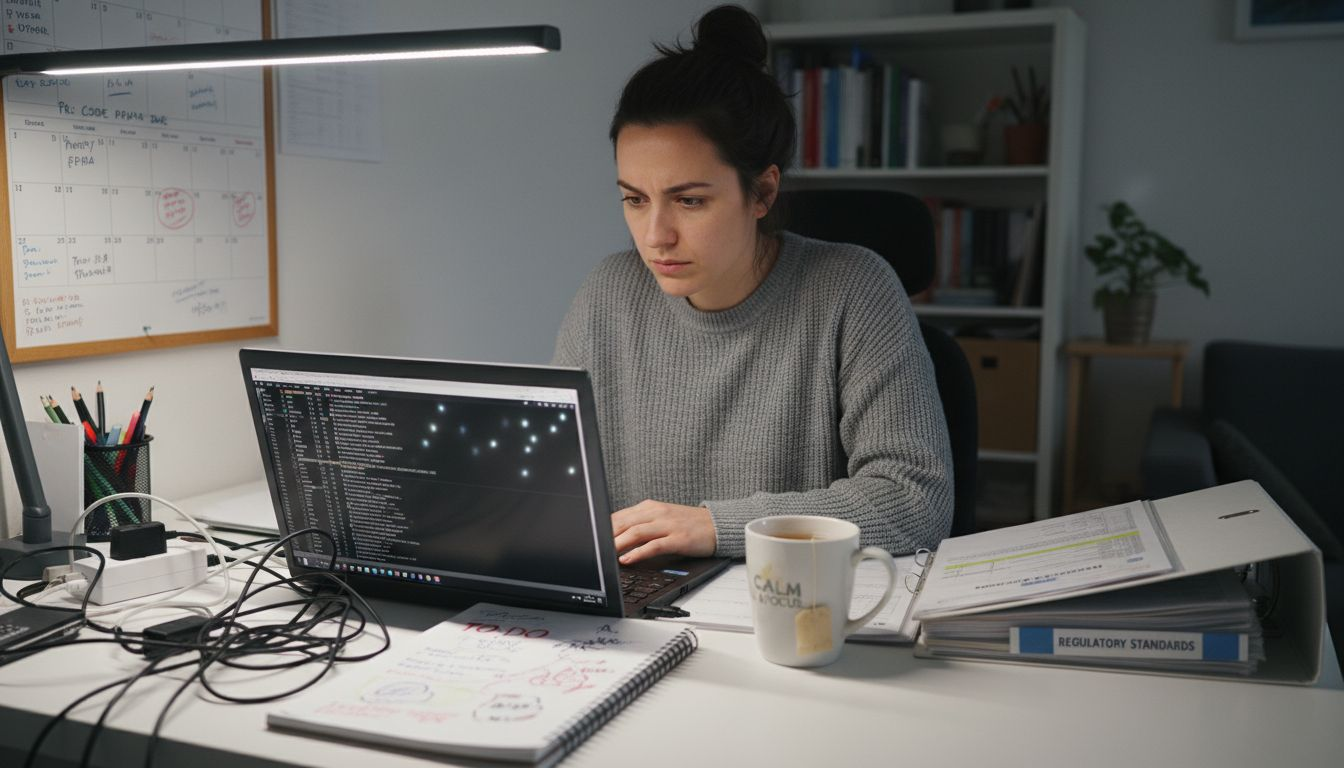 Technical manager reviewing server logs and compliance