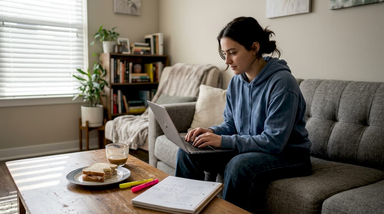 Content creator drafts review on sofa