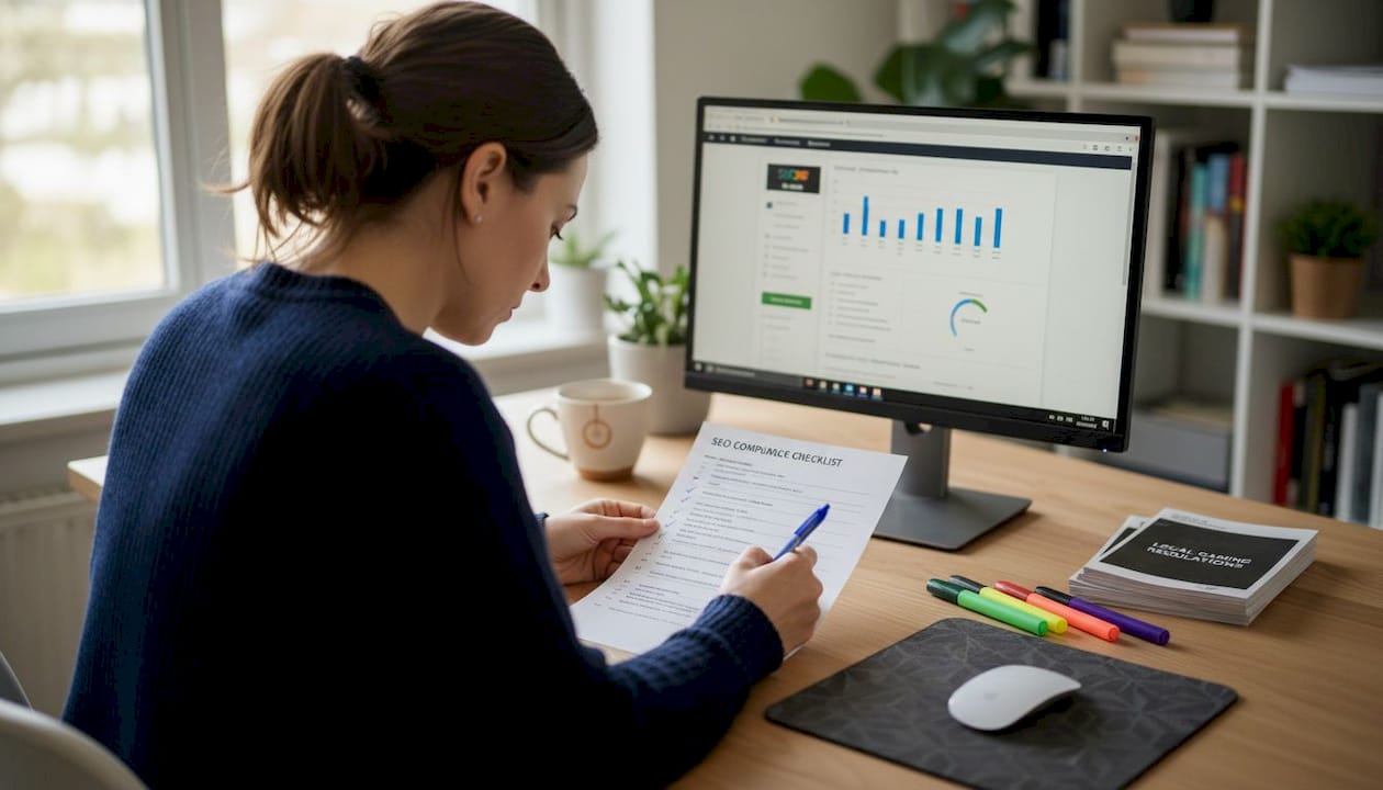 Marketer checking iGaming SEO compliance checklist