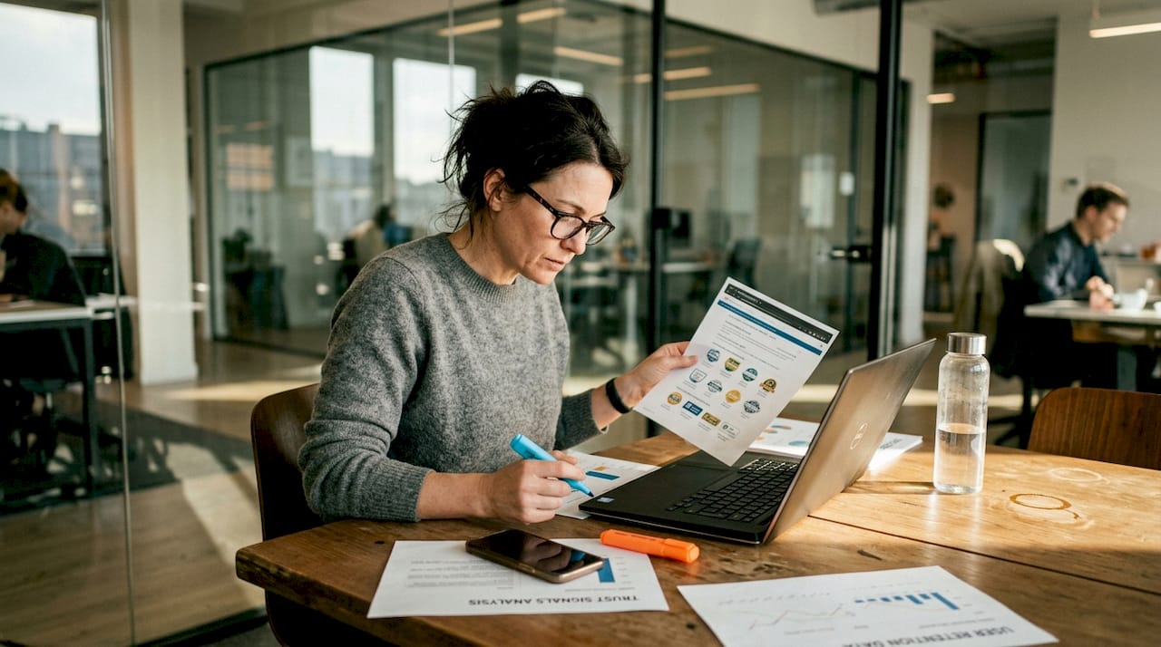 Marketer cross-checking trust signals on laptop