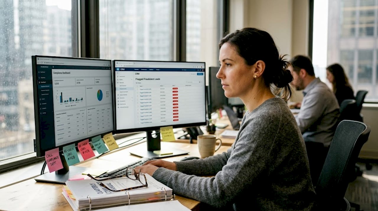 Woman reviewing casino affiliate fraud alerts on monitors