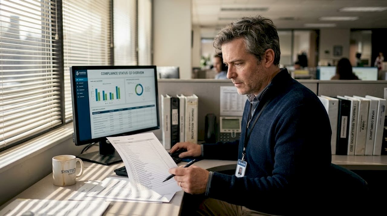 Compliance analyst checking SEO dashboard in cubicle