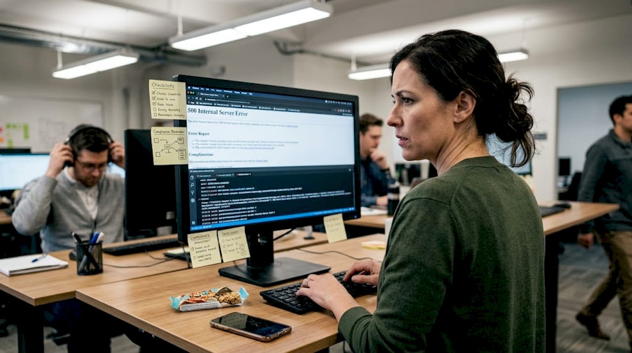 Woman diagnosing SEO issue at standing desk