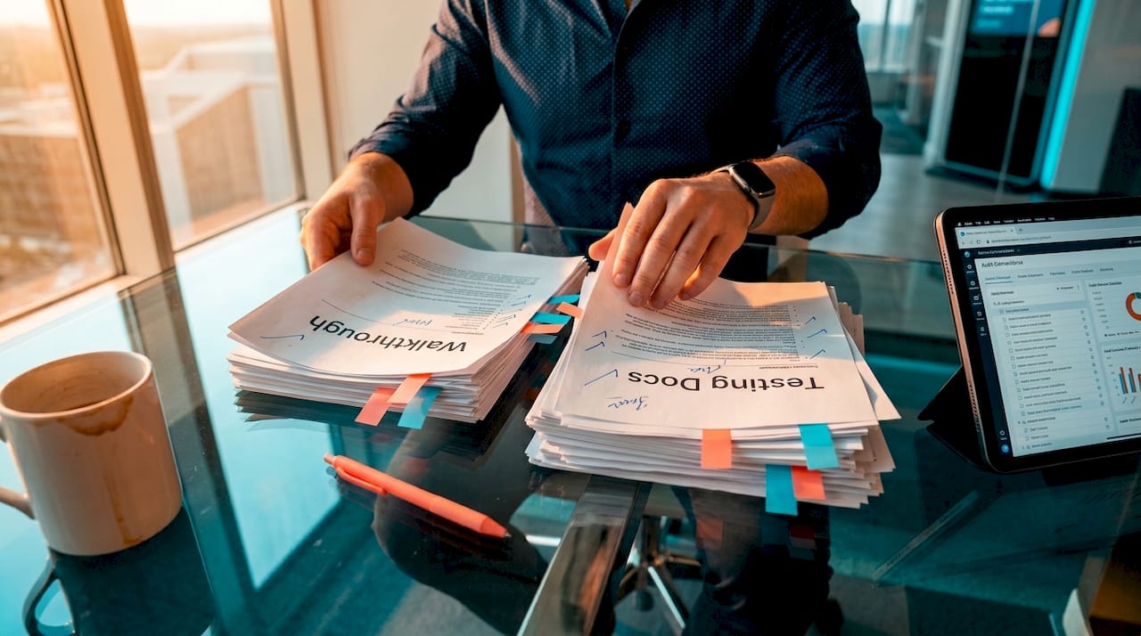 Hands organizing casino audit paperwork stacks