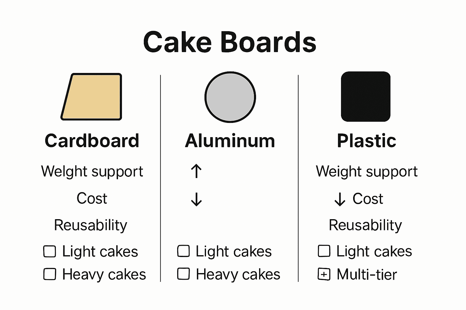 Infographic comparing main cake board types with icons and features listed side by side.