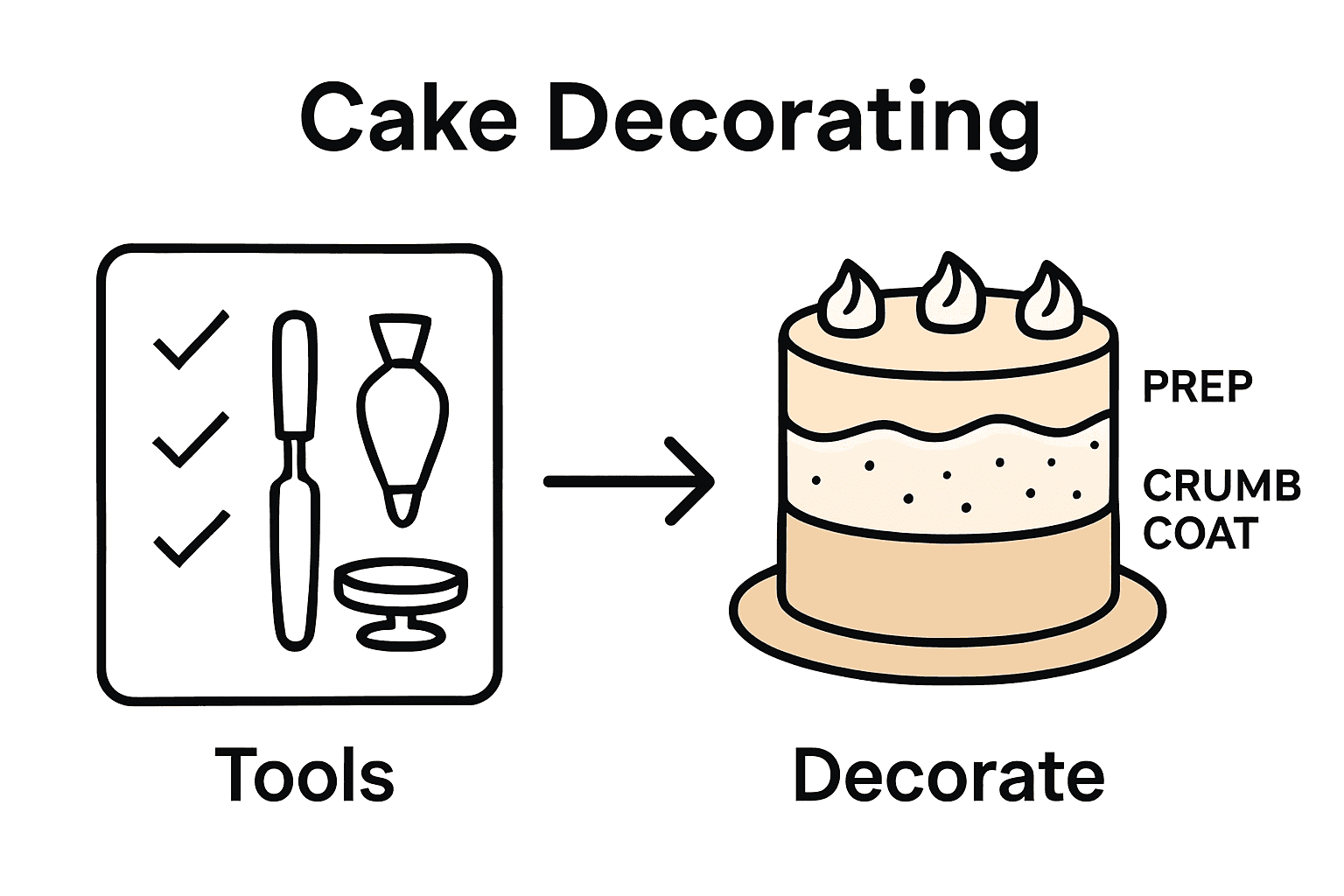 Infographic showing cake decorating process from tools to finishing touches