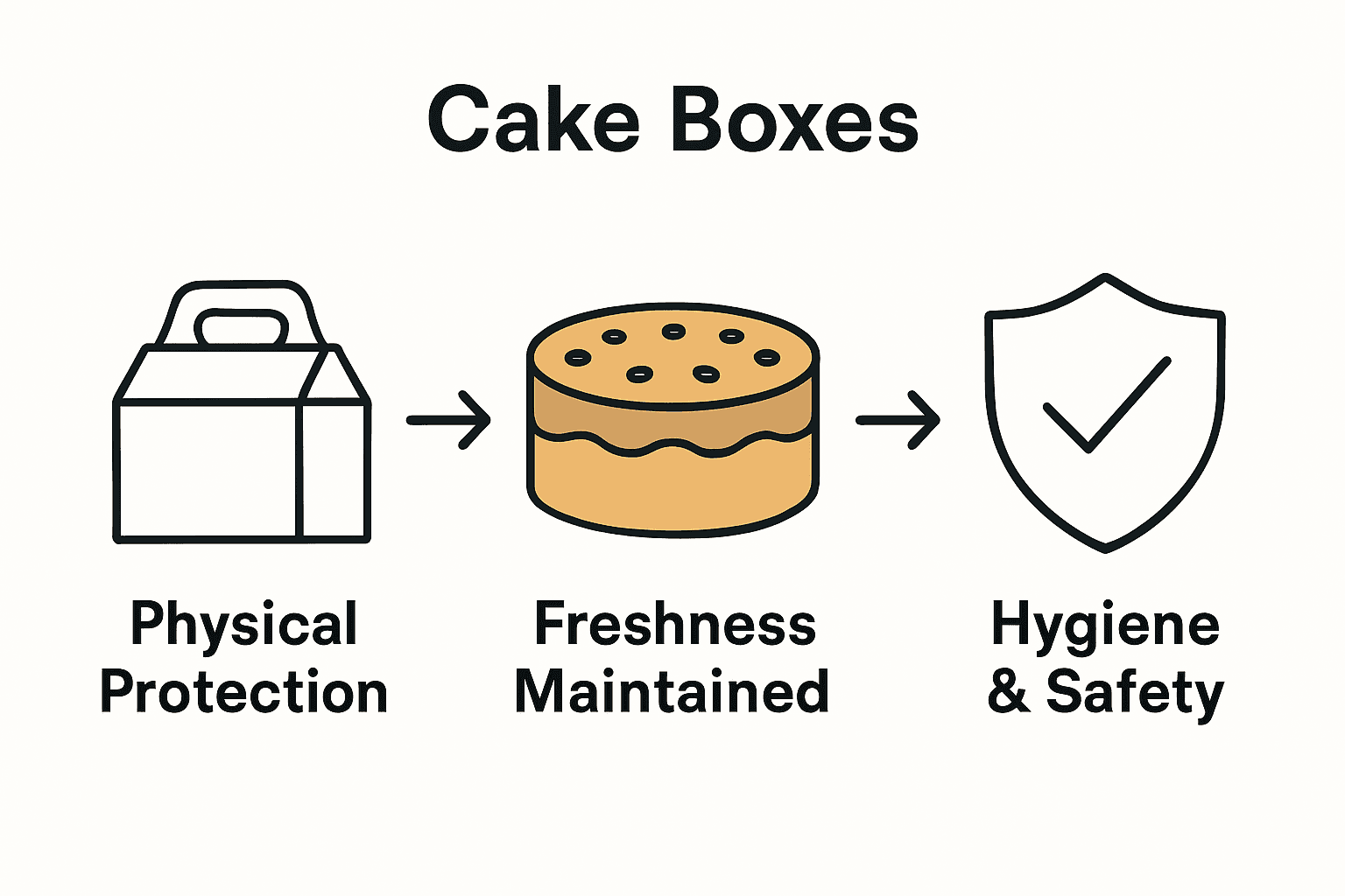 Visual comparison of cake box benefits: protection, freshness, and hygiene.