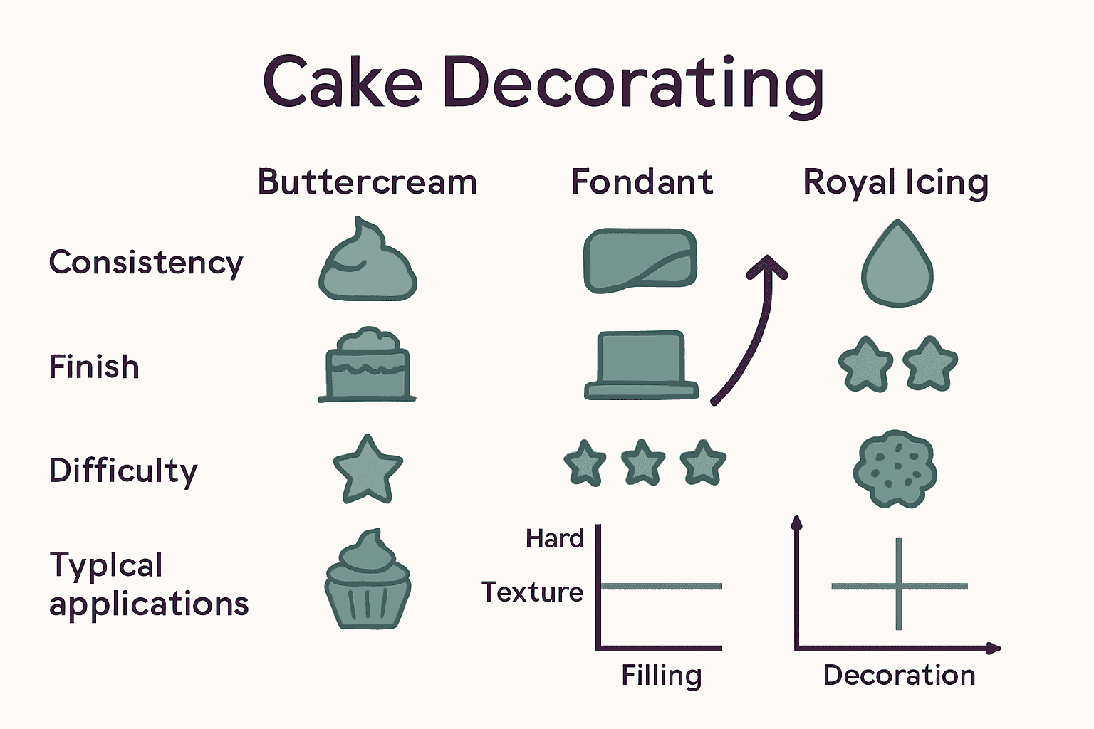 Infographic comparing buttercream, fondant, and royal icing properties for cake decorating