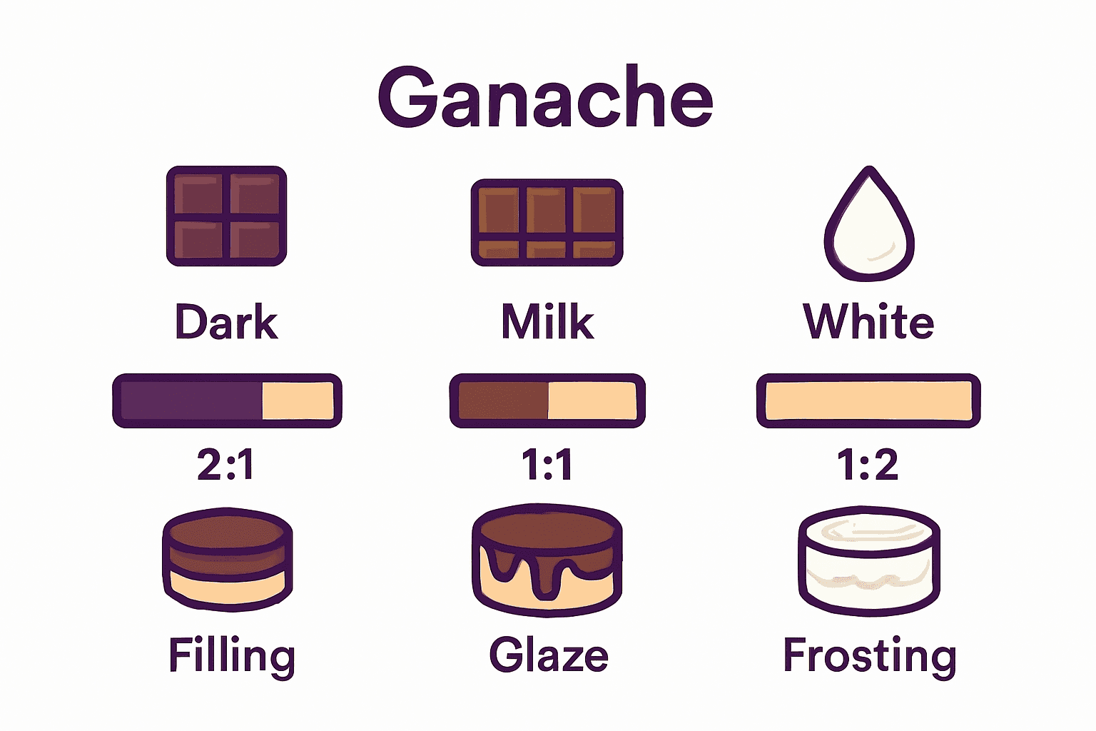 Comparison chart of dark, milk, and white ganache with icons and ratio visuals.