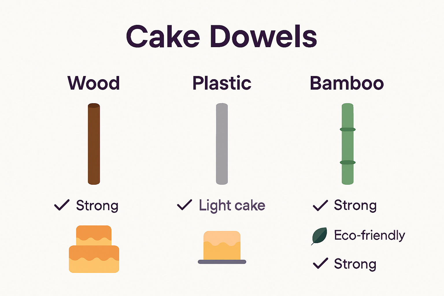 Infographic comparing wood, plastic, and bamboo cake dowels for stability and cake type recommendations