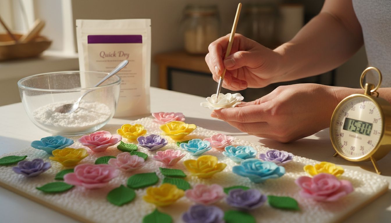Applying tylo powder to drying sugar flowers