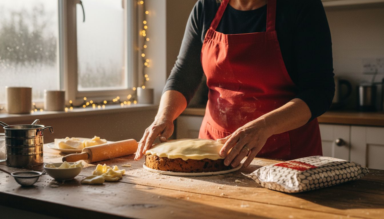 Baker smoothing marzipan on Christmas cake