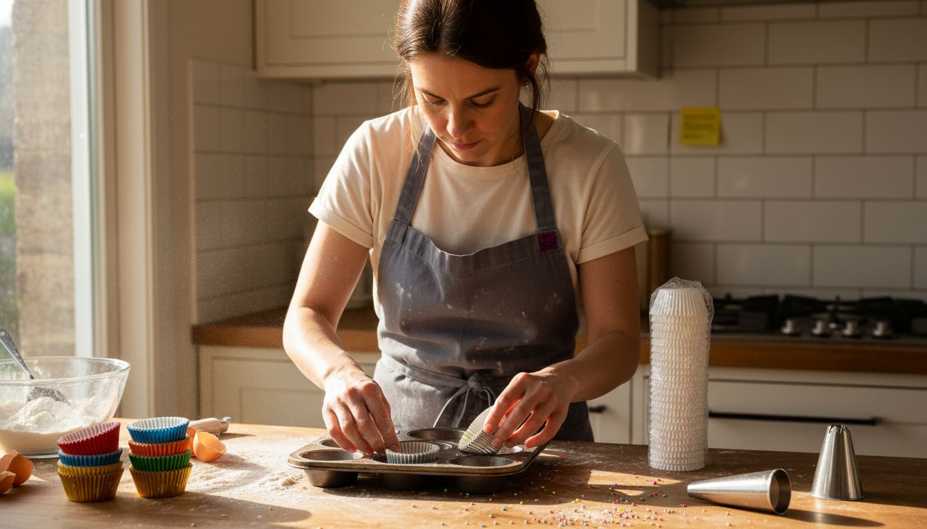 Baker arranging cupcake cases in kitchen