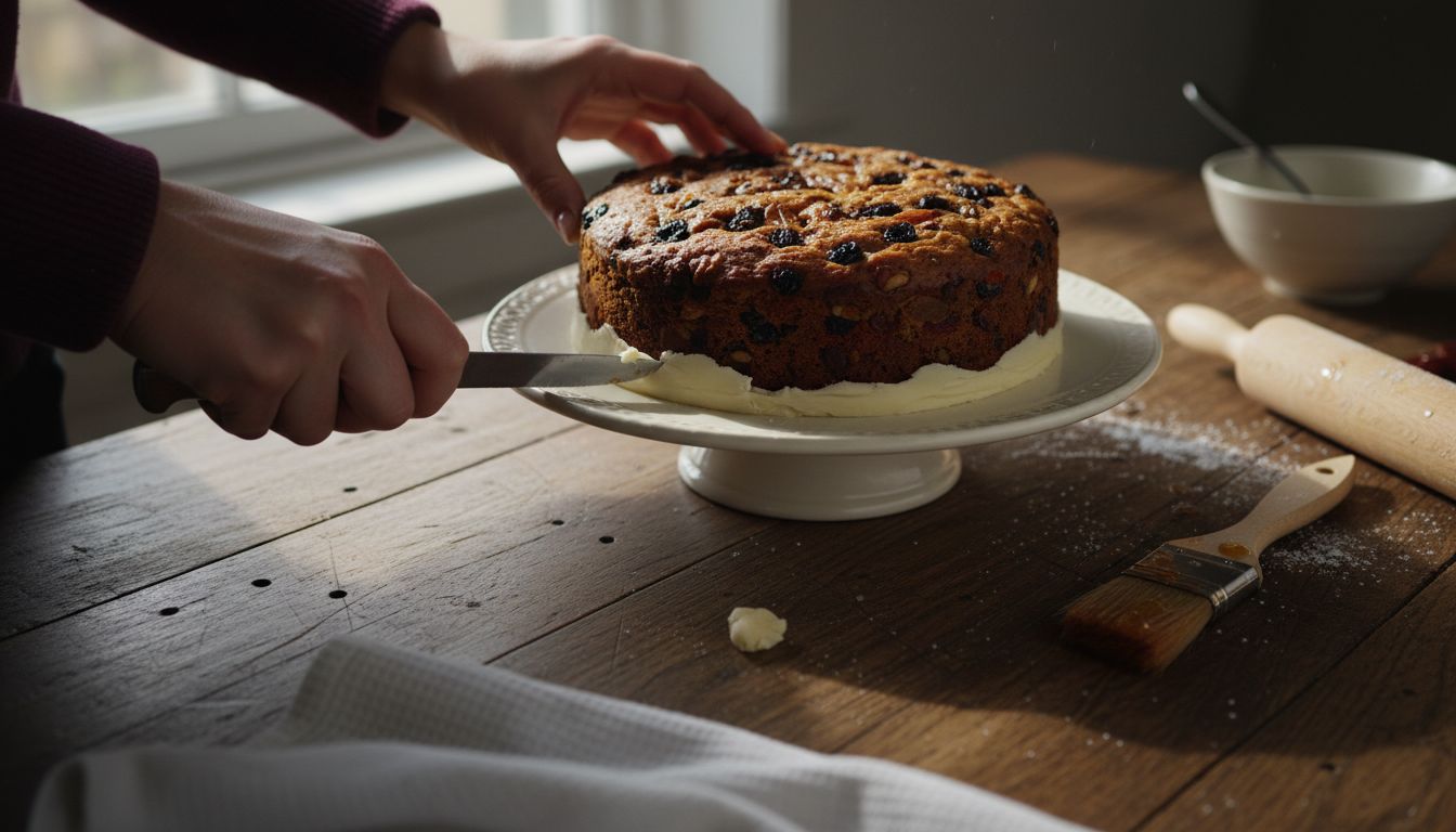 Hands trimming marzipan from fruit cake