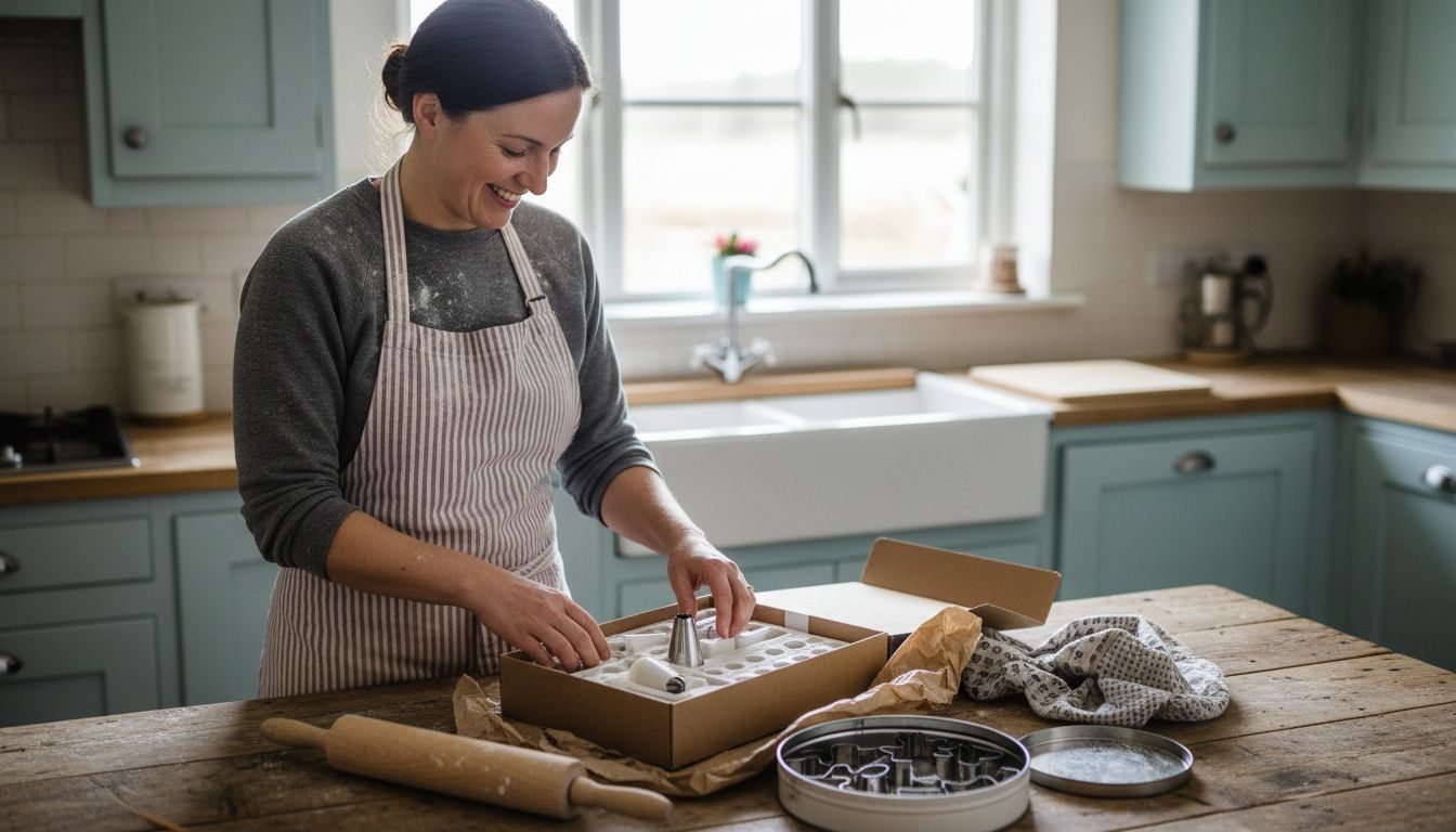 Baker opening gift boxes on cluttered kitchen island