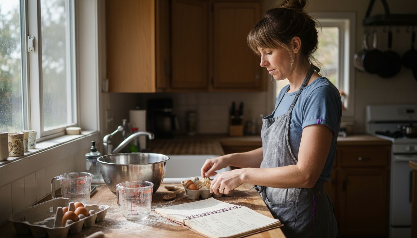 Home baker gathering cake ingredients in kitchen