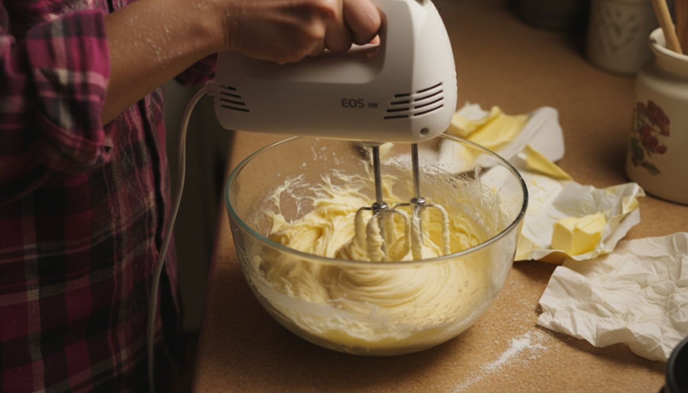 Hands creaming butter and sugar for cake
