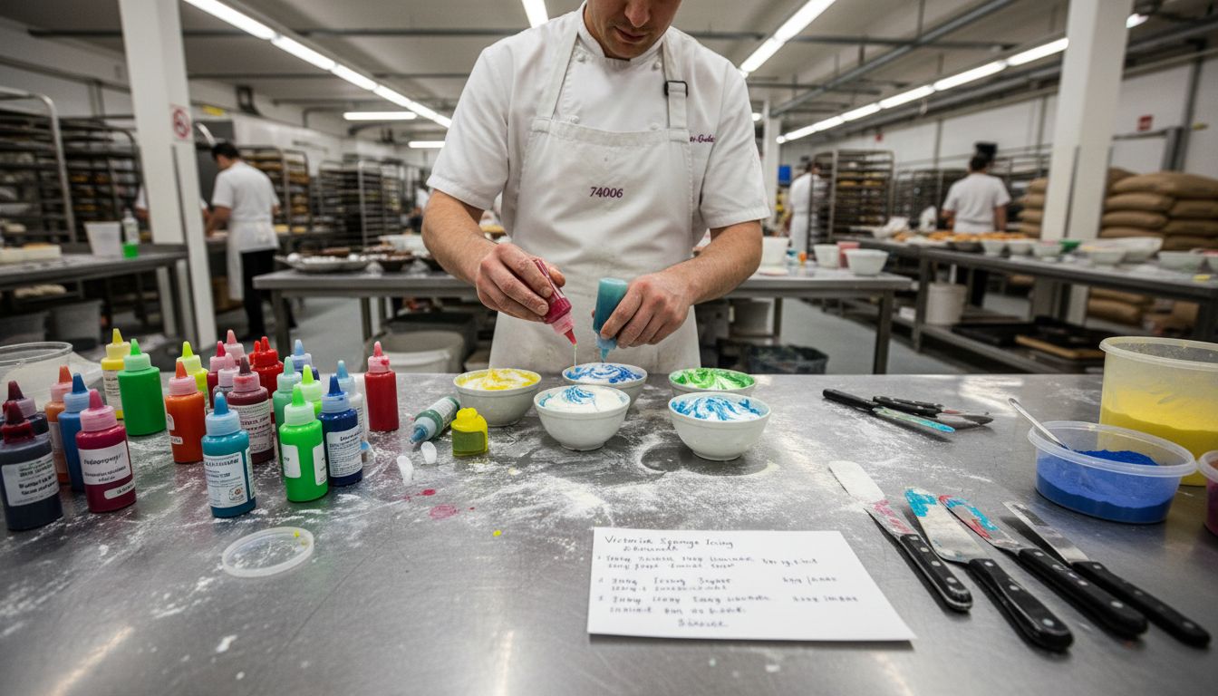 Pastry chef mixing food colouring in bakery workspace