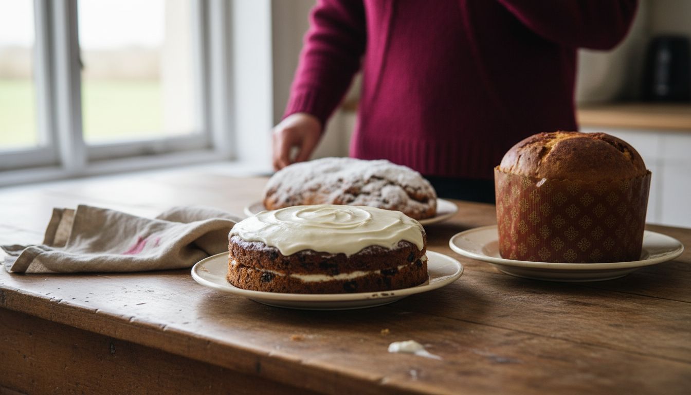 Three regional Christmas cakes on table