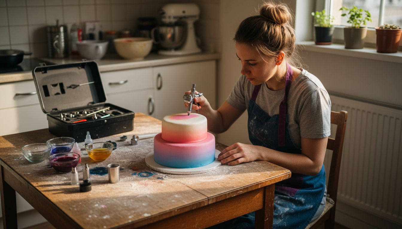 Beginner cake decorator airbrushing a fondant cake