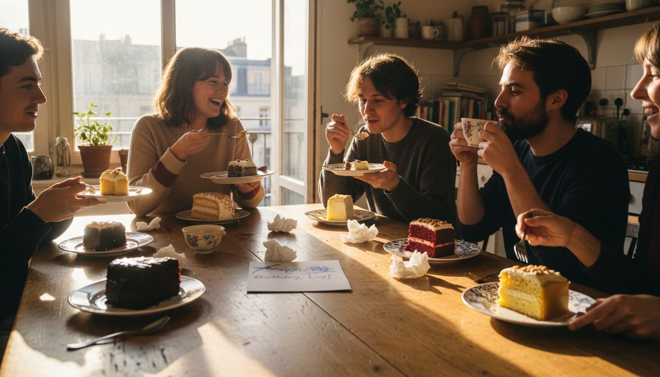 Friends enjoying different cake flavours at table