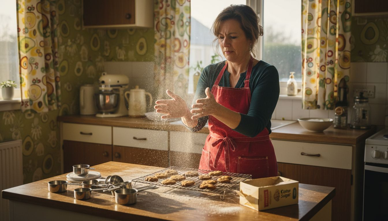 Frustrated baker with Christmas cookies in kitchen