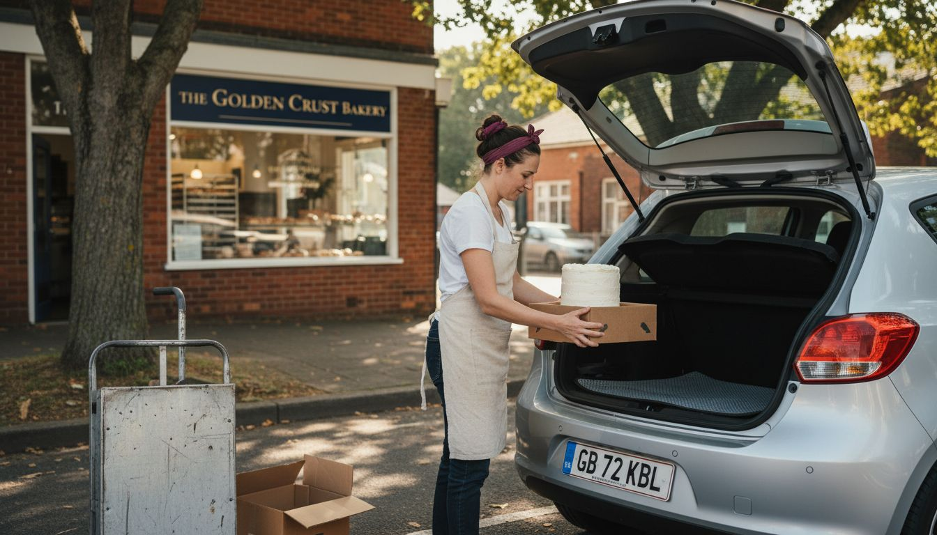 Baker loading boxed cake safely into car