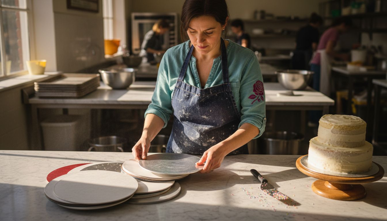 Baker deciding between different cake boards