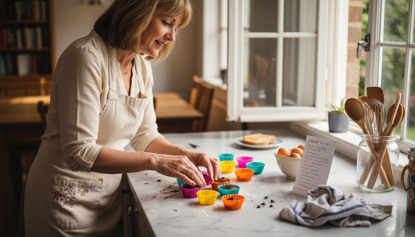 Baker fills silicone cupcake moulds at kitchen island