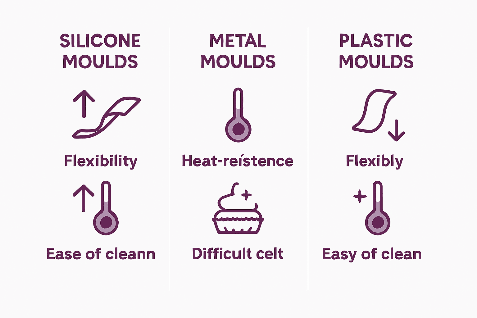 Infographic comparing silicone, metal, and plastic cupcake moulds