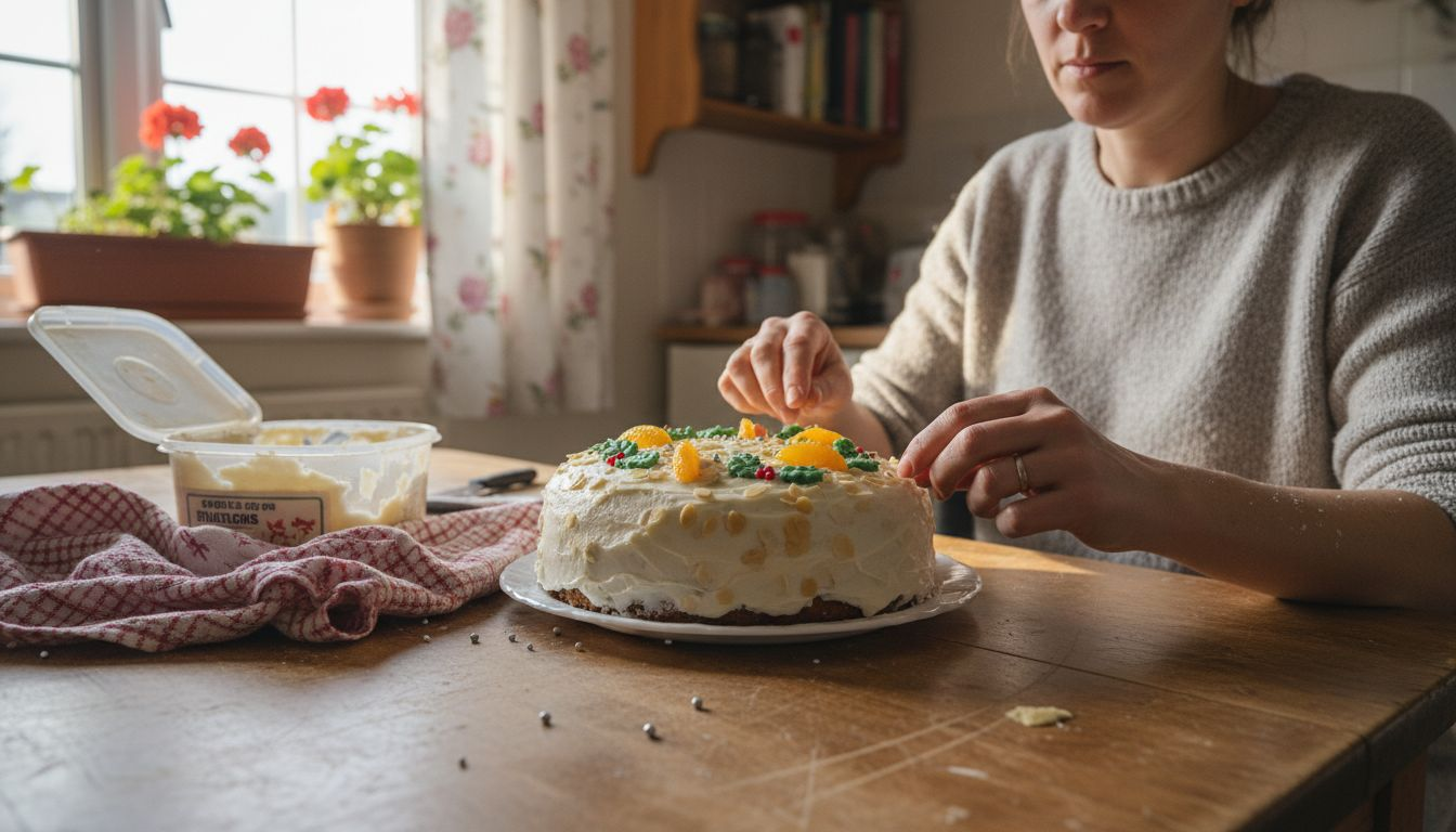 Baker decorating Christmas cake with icing and fruit