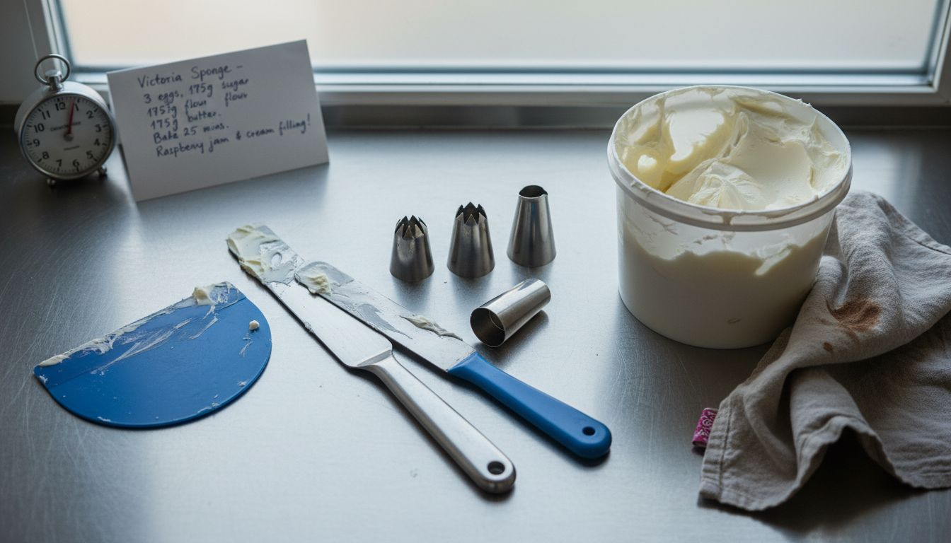 Essential cake decorating tools on counter