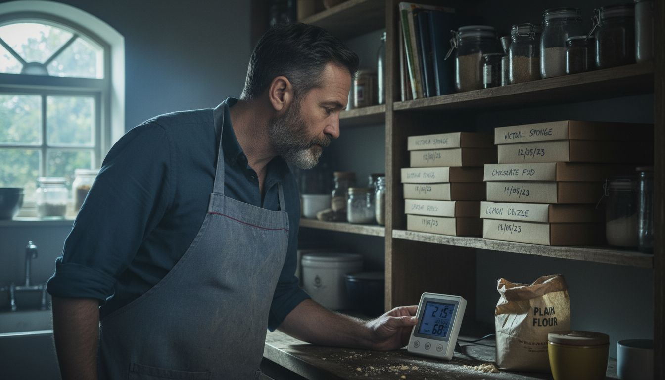Man checks temperature and humidity near stored cakes