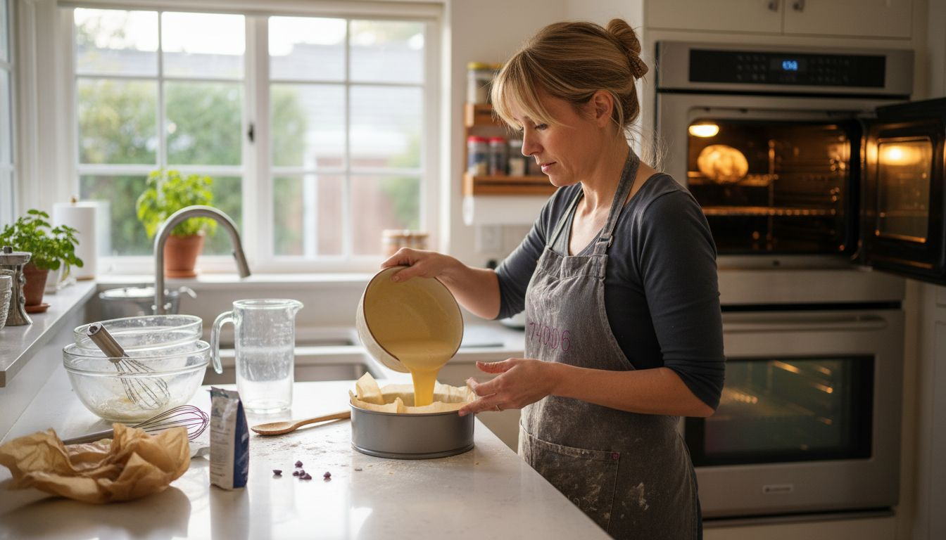 Home baker prepares cake tin in kitchen