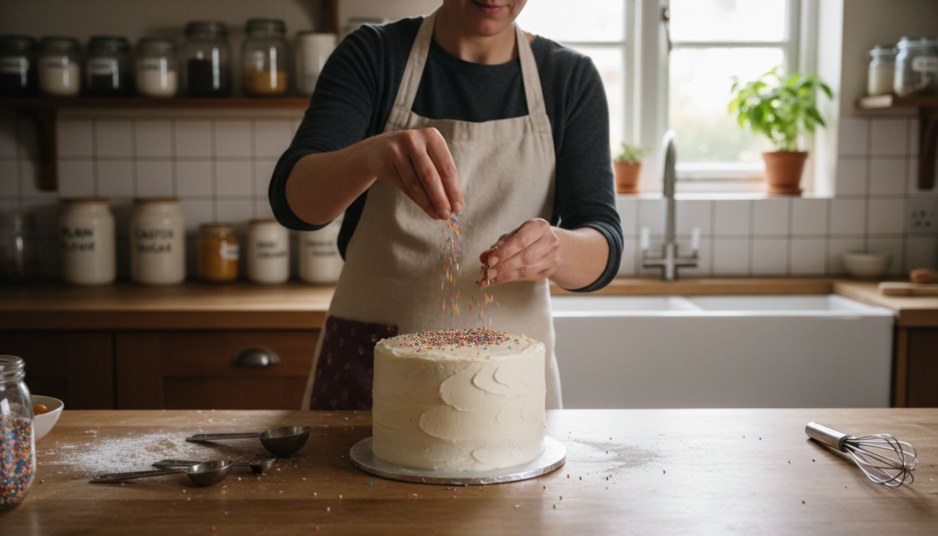 Baker adding sprinkles to iced cake