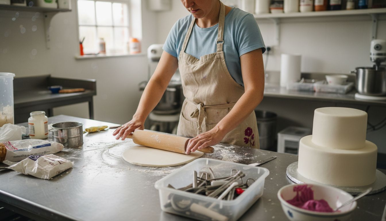 Cake decorator rolling out sugarpaste in bakery