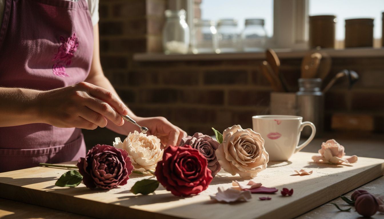 Hands adjusting realistic flowerpaste sugar flowers