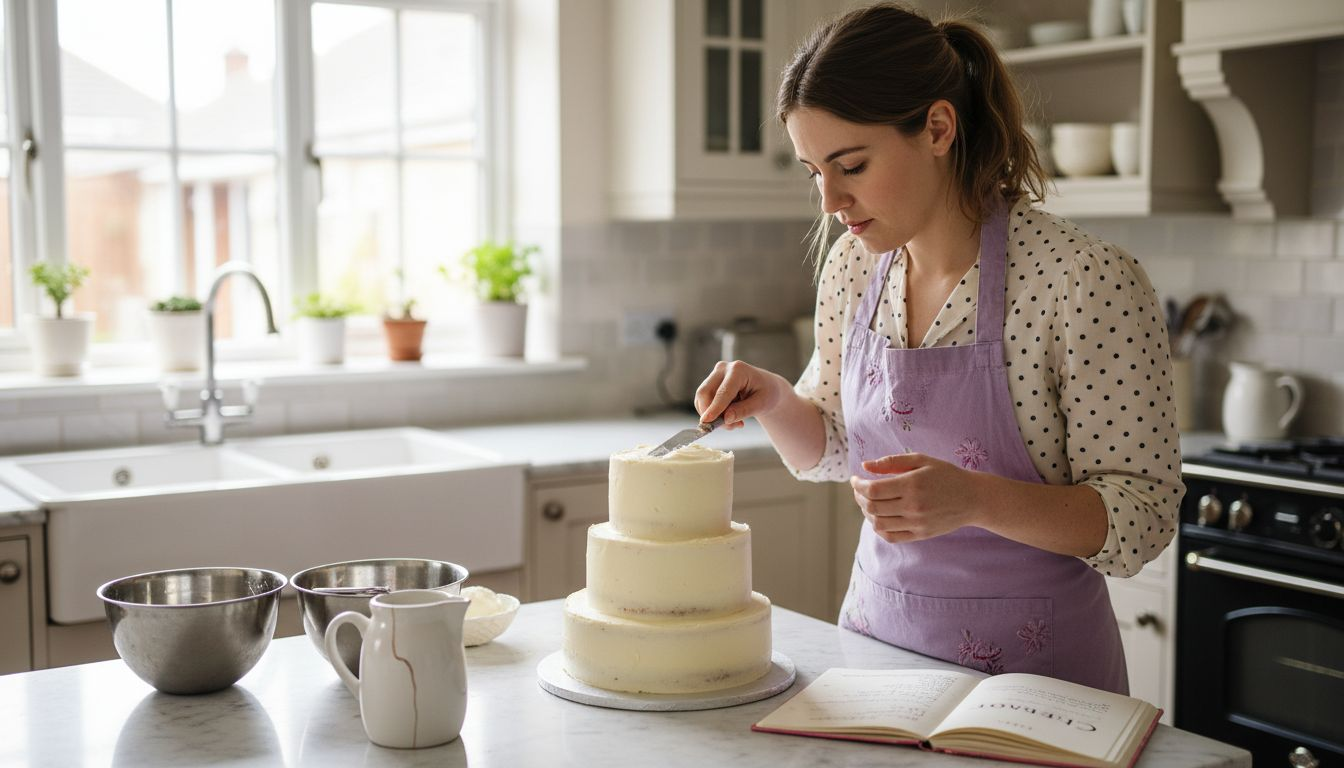 Beginner icing a three-tier homemade wedding cake